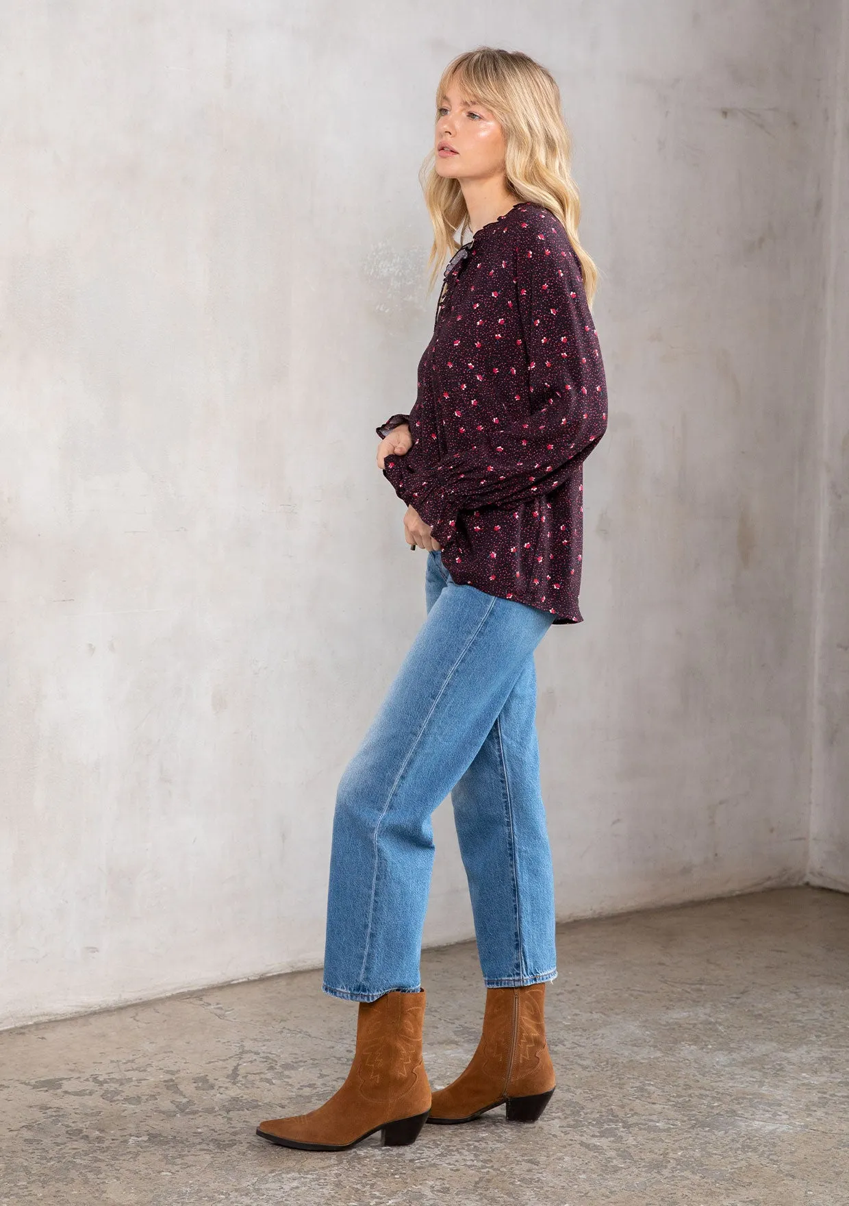 Floral Print Ruffled Long Sleeve Peasant Blouse