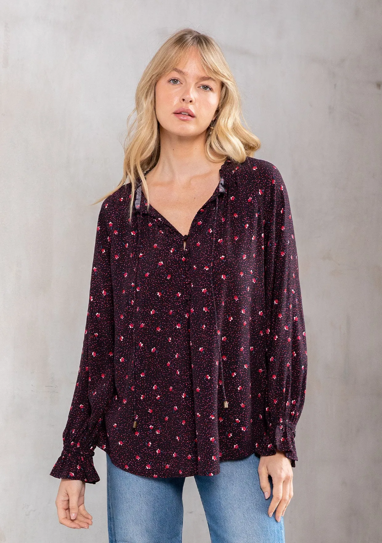 Floral Print Ruffled Long Sleeve Peasant Blouse