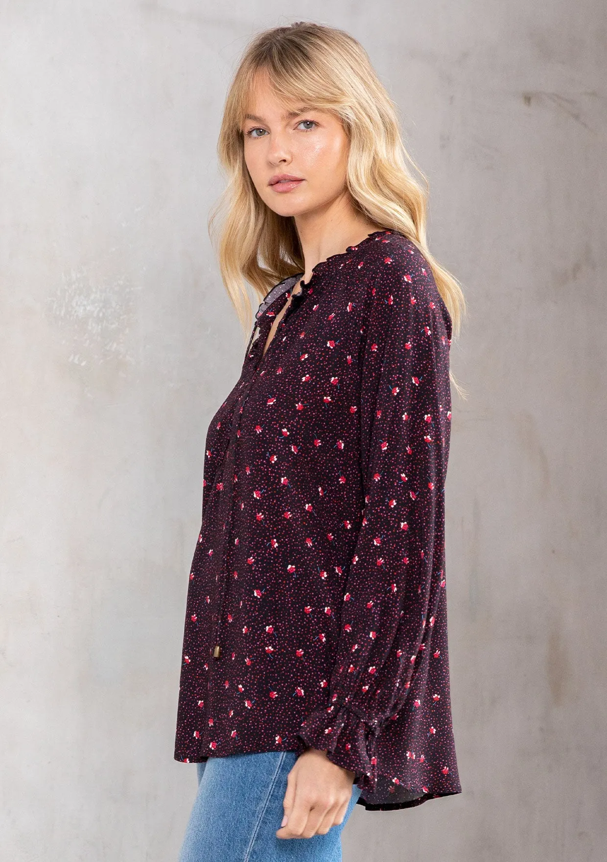 Floral Print Ruffled Long Sleeve Peasant Blouse