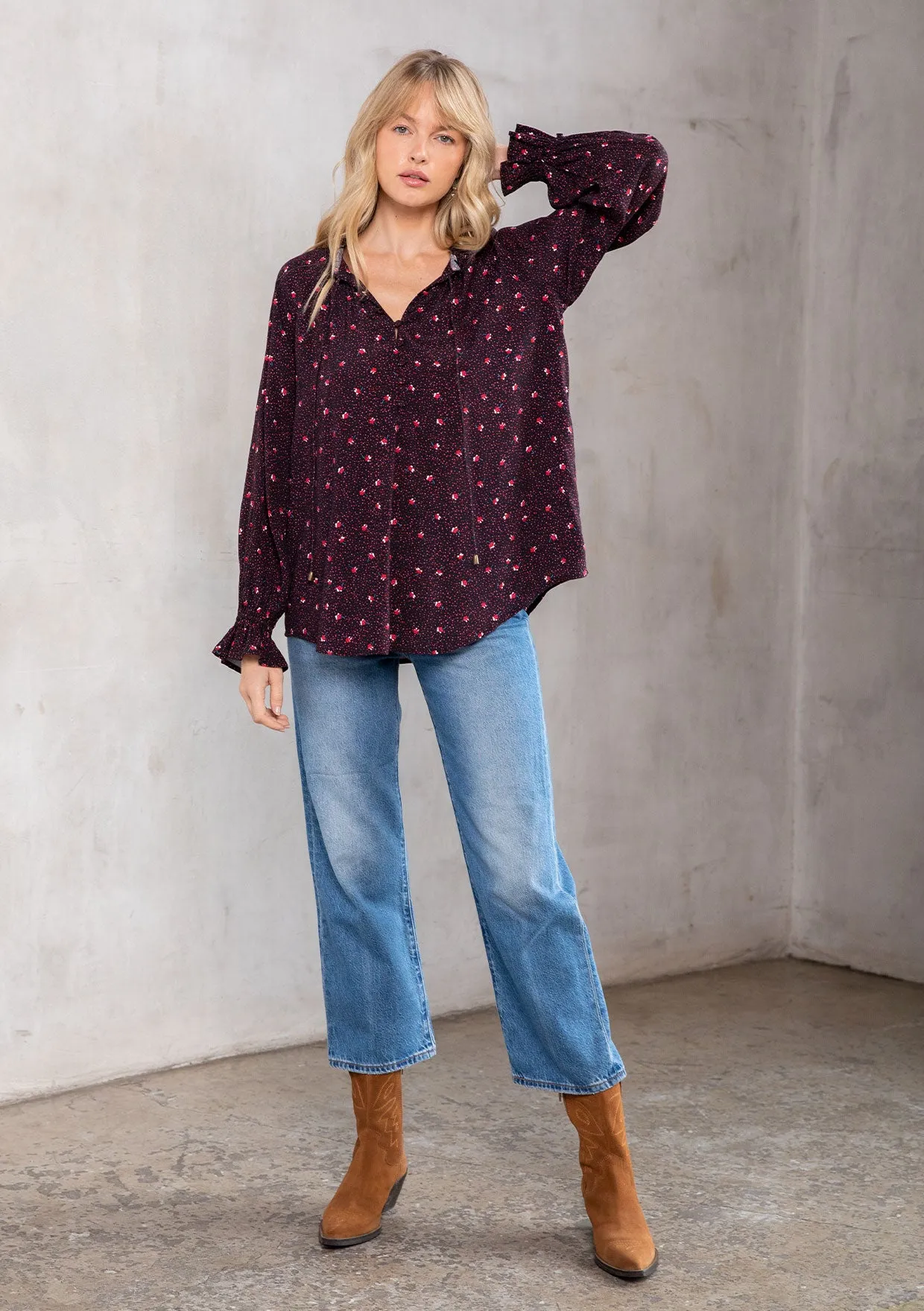 Floral Print Ruffled Long Sleeve Peasant Blouse