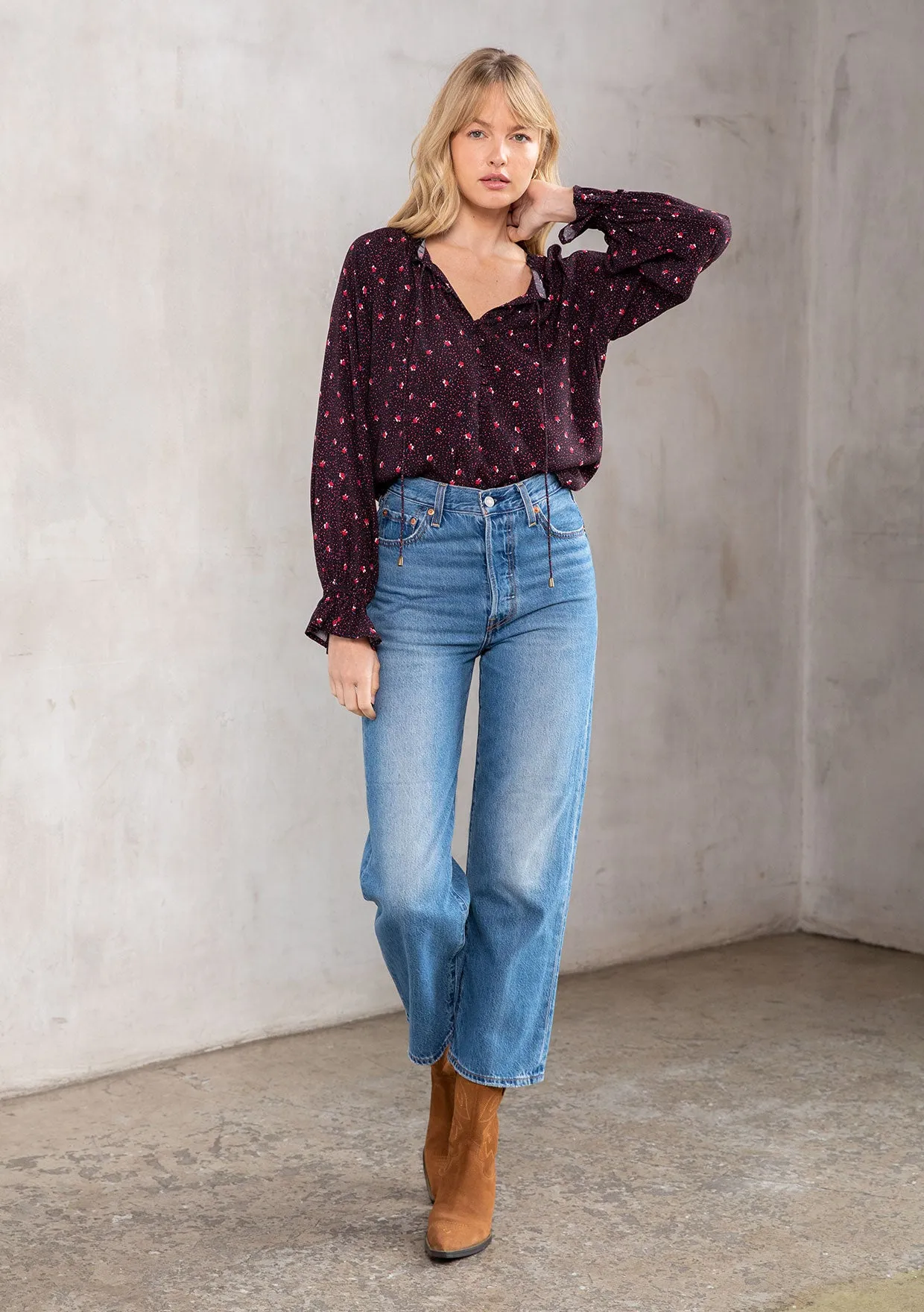 Floral Print Ruffled Long Sleeve Peasant Blouse