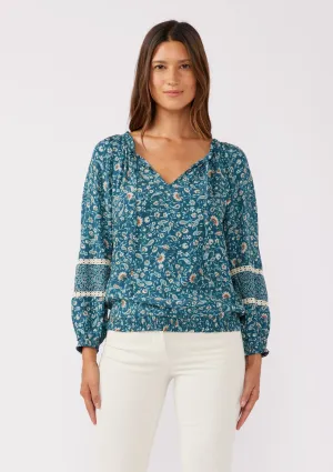 Floral Split Neck Raglan Blouse with Lace Trim