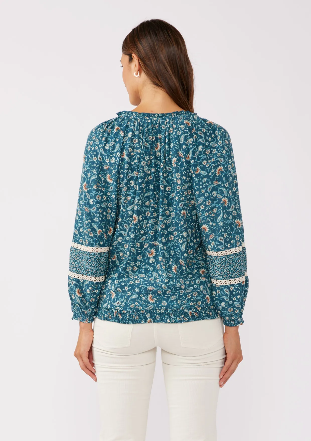 Floral Split Neck Raglan Blouse with Lace Trim