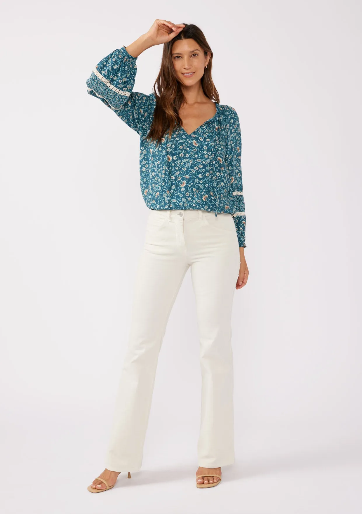 Floral Split Neck Raglan Blouse with Lace Trim