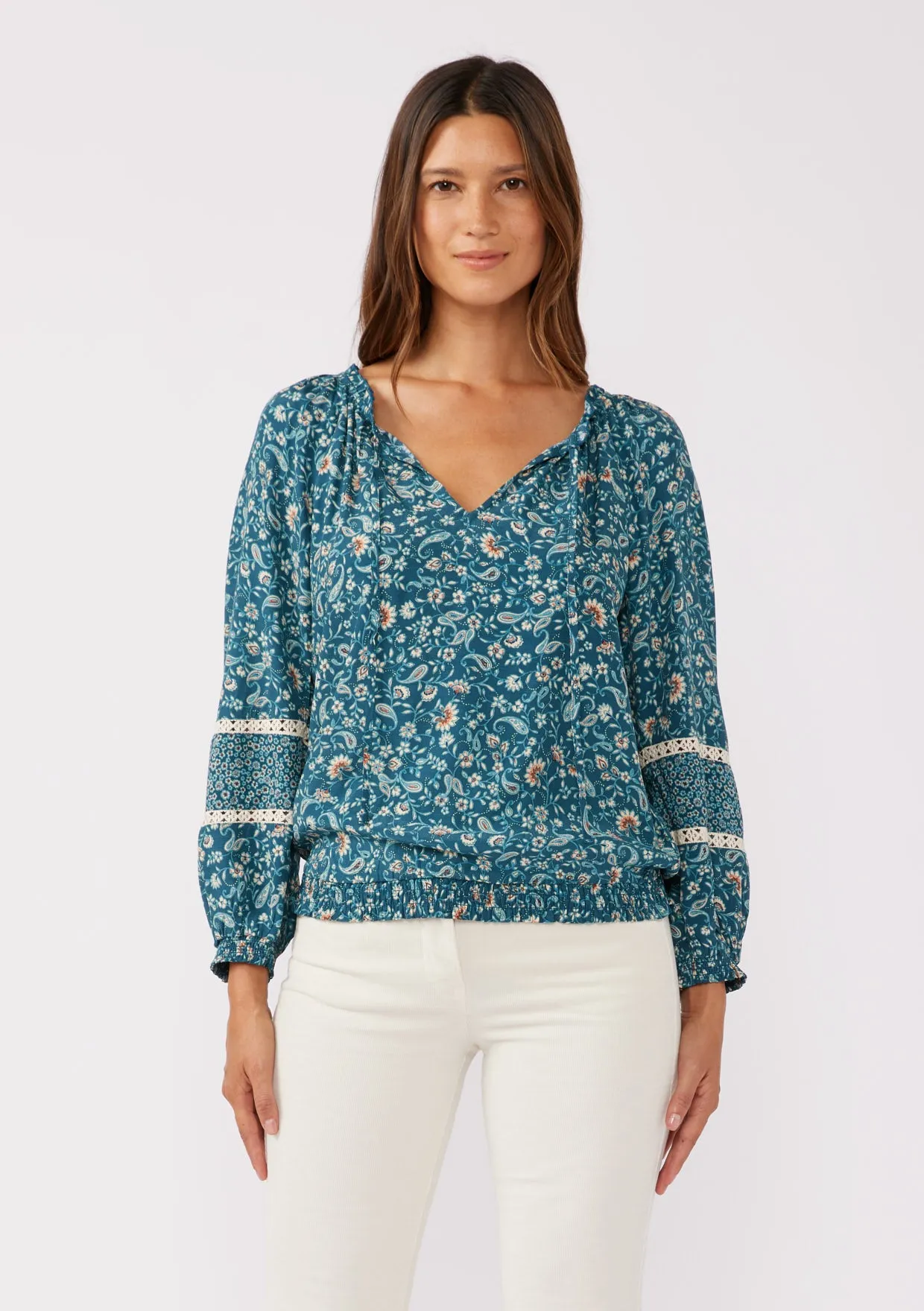Floral Split Neck Raglan Blouse with Lace Trim