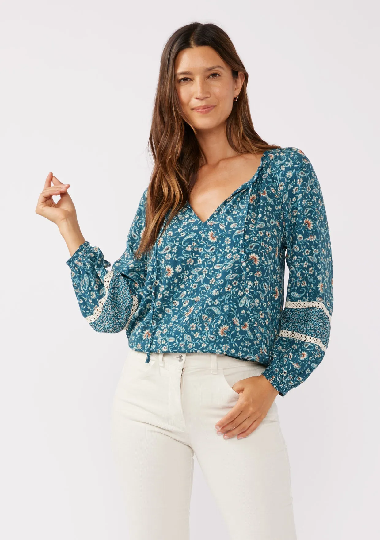 Floral Split Neck Raglan Blouse with Lace Trim