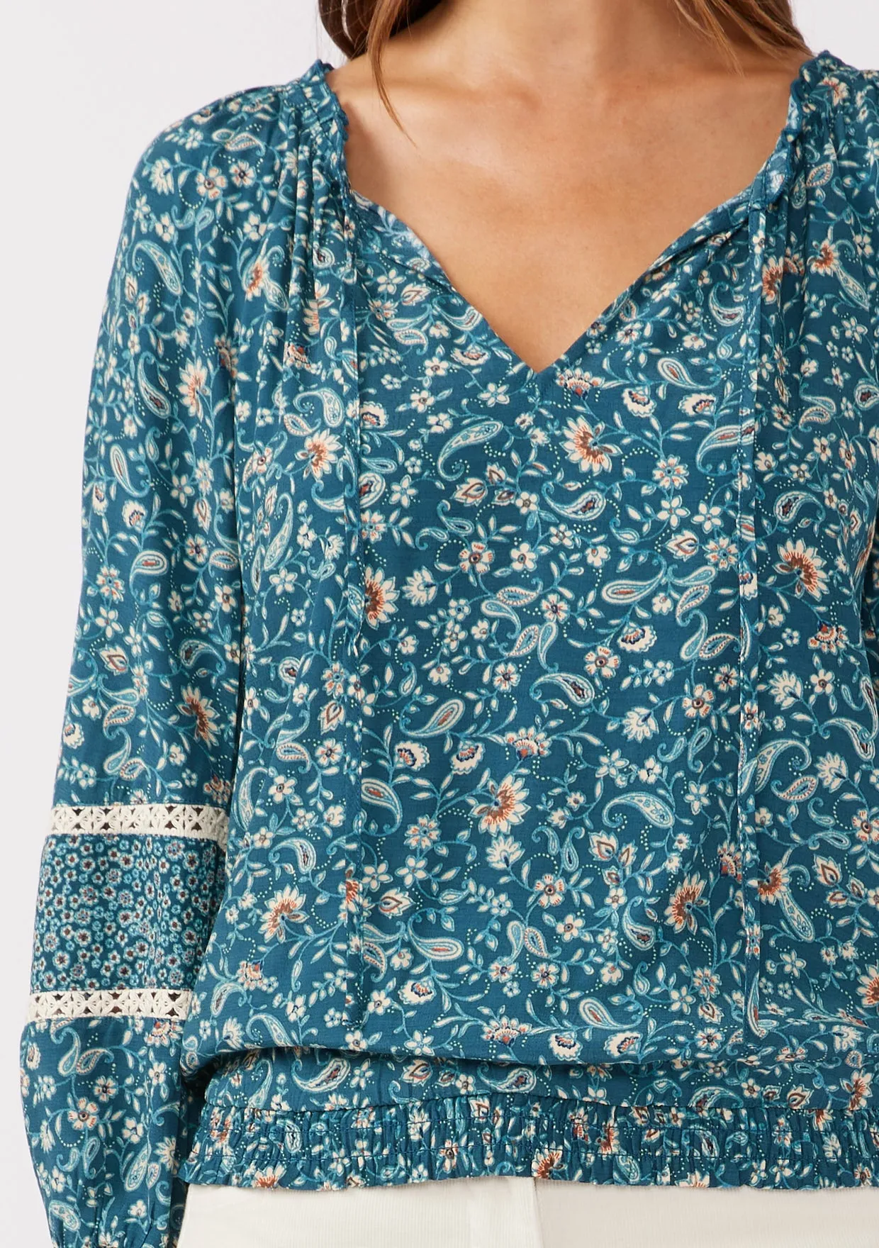 Floral Split Neck Raglan Blouse with Lace Trim