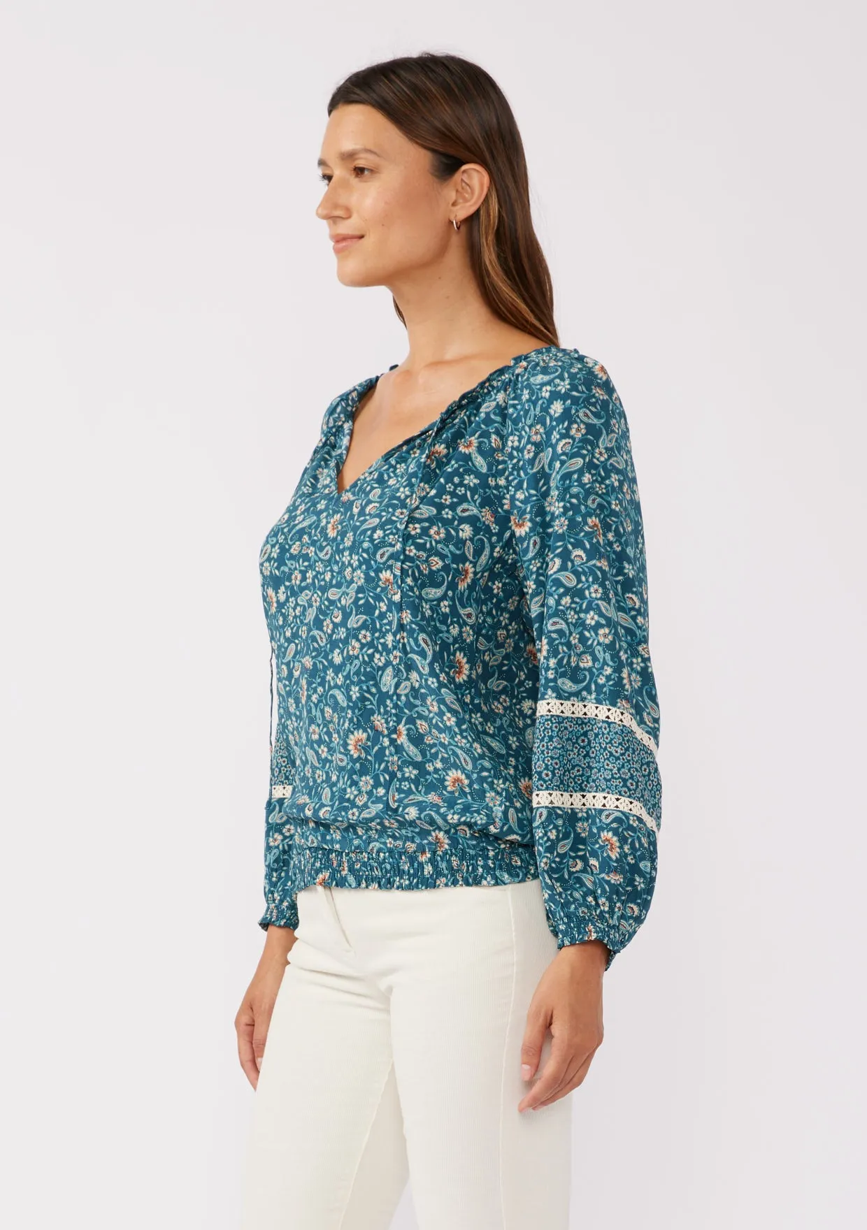 Floral Split Neck Raglan Blouse with Lace Trim