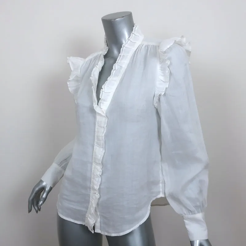 FRAME Ruffled Blouse Lauren White Ramie Gauze Size Small Long Sleeve Top