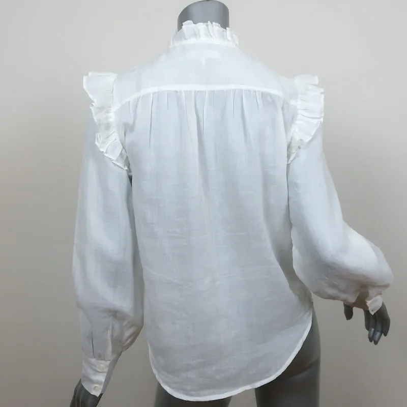 FRAME Ruffled Blouse Lauren White Ramie Gauze Size Small Long Sleeve Top