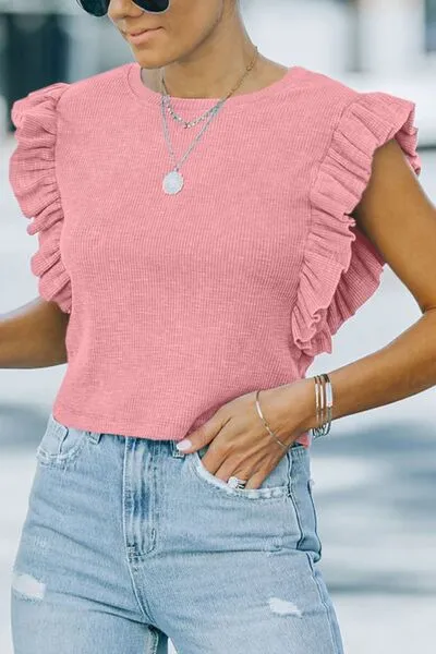Full Size Ruffled Round Neck Cap Sleeve Blouse