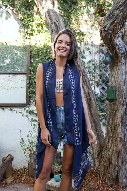 Geometric Embroidered Sleeveless Kimonos.