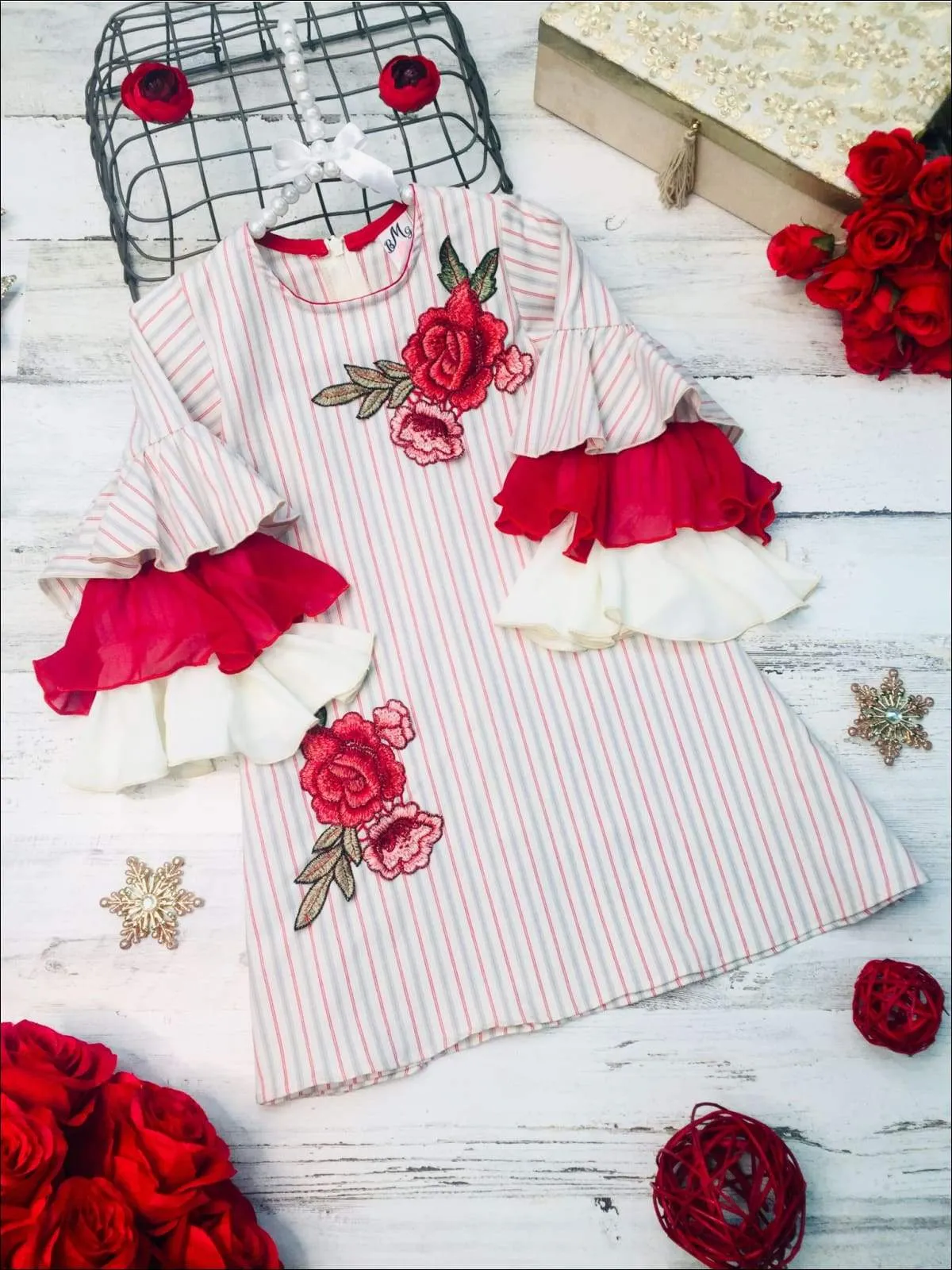 Girls A-Line Ruffled Long Sleeve Dress with Rose Embroidery