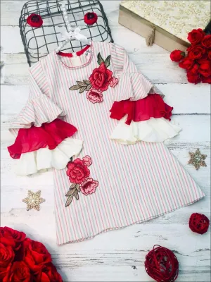 Girls A-Line Ruffled Long Sleeve Dress with Rose Embroidery