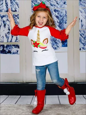 Girls Christmas Themed Poinsettia Unicorn Ruffled Long Raglan Sleeve Top