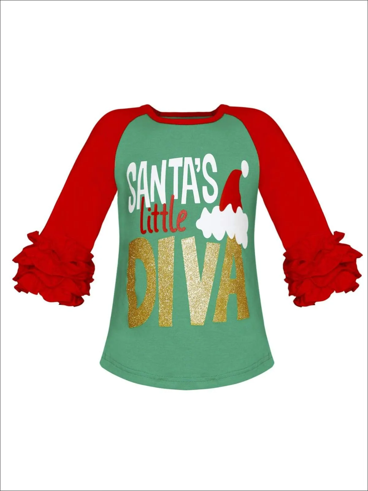 Girls Christmas Themed "Santa's Little Diva" Ruffled Long Sleeve Raglan Top