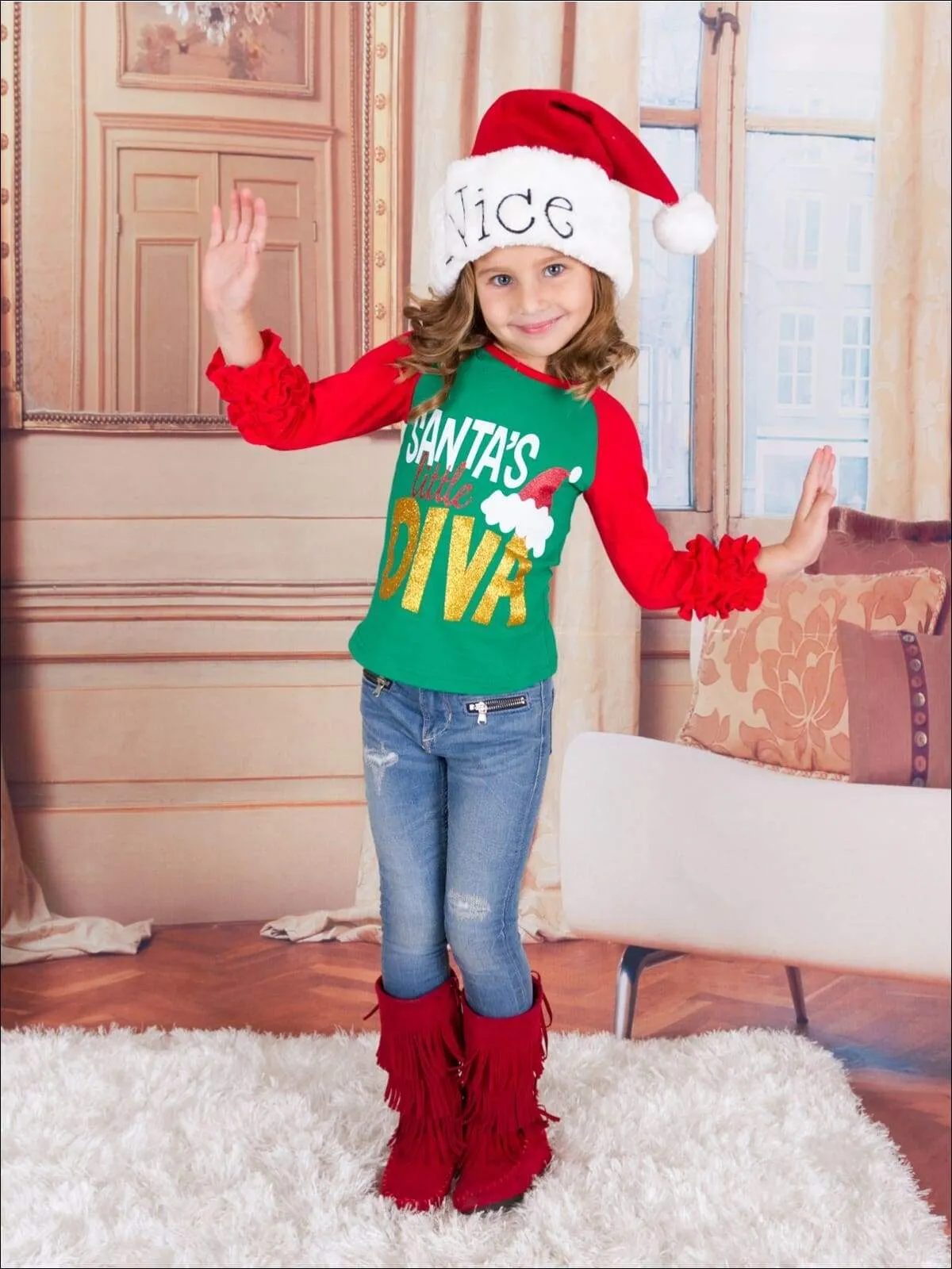 Girls Christmas Themed "Santa's Little Diva" Ruffled Long Sleeve Raglan Top