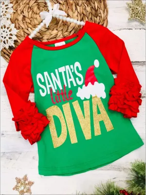 Girls Christmas Themed "Santa's Little Diva" Ruffled Long Sleeve Raglan Top