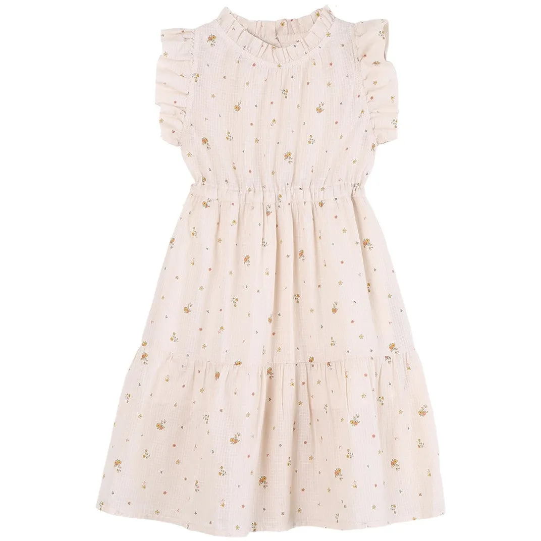 Girls Ecru Ruffled Yellow Pansies Dress