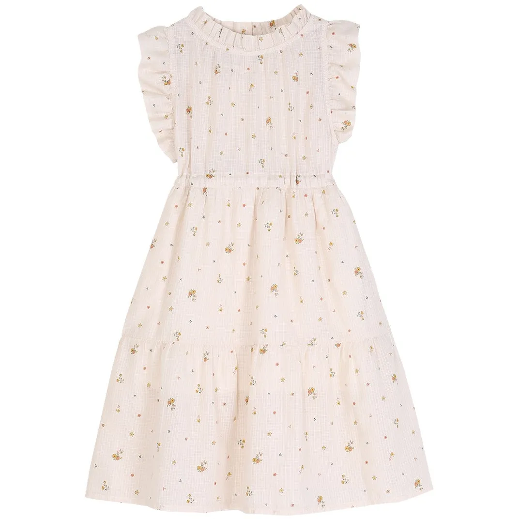 Girls Ecru Ruffled Yellow Pansies Dress