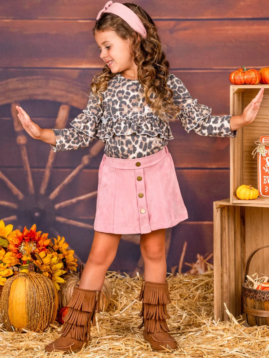 Girls Long Sleeve Ruffled Animal Print Top and Buttoned Skirt Set
