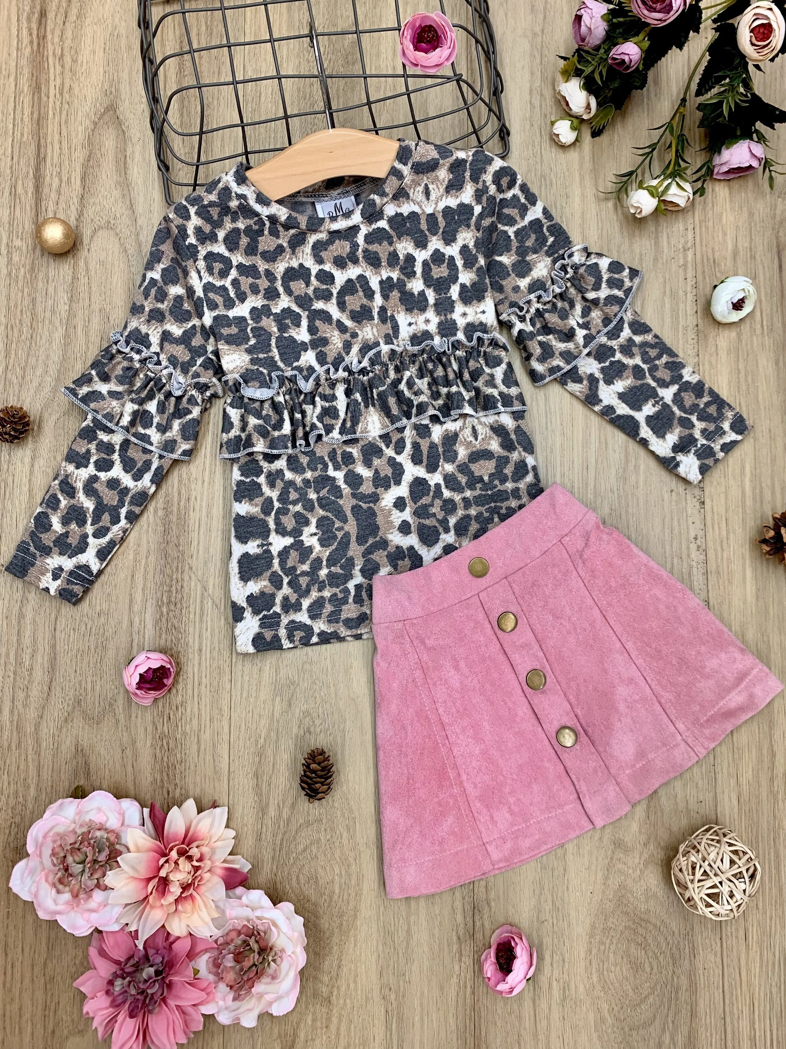 Girls Long Sleeve Ruffled Animal Print Top and Buttoned Skirt Set