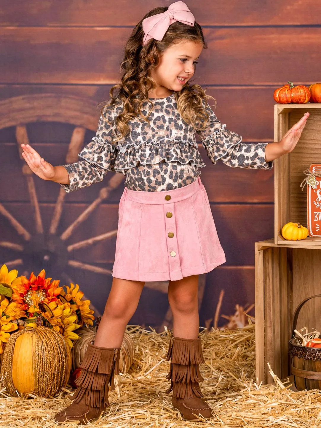 Girls Long Sleeve Ruffled Animal Print Top and Buttoned Skirt Set
