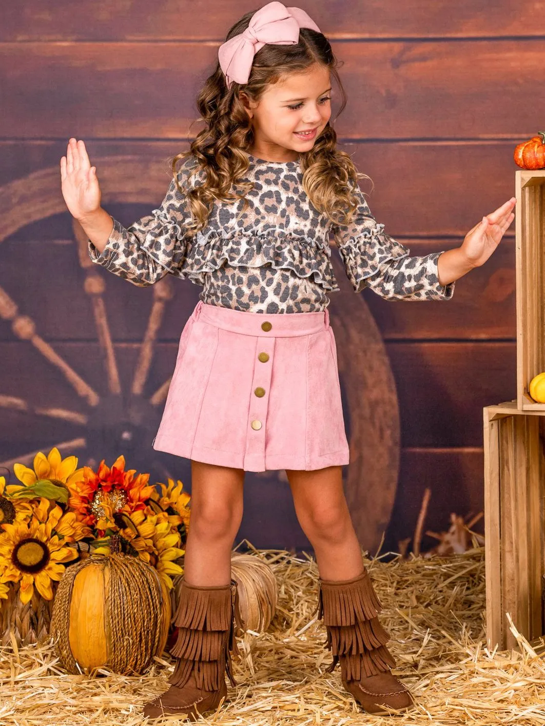 Girls Long Sleeve Ruffled Animal Print Top and Buttoned Skirt Set