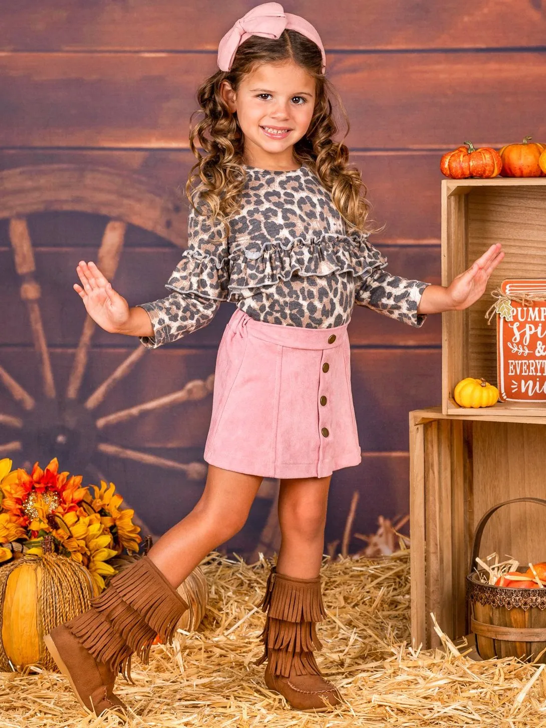Girls Long Sleeve Ruffled Animal Print Top and Buttoned Skirt Set