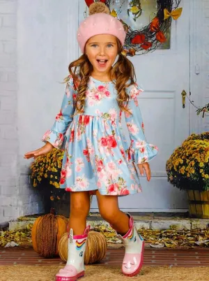 Girls Long Sleeve Ruffled Shoulders Floral Dress