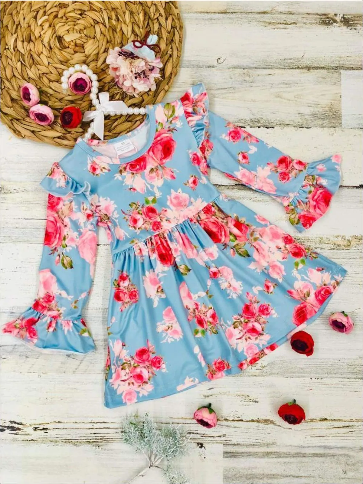 Girls Long Sleeve Ruffled Shoulders Floral Dress