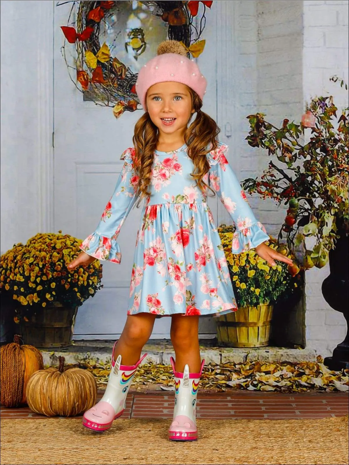Girls Long Sleeve Ruffled Shoulders Floral Dress