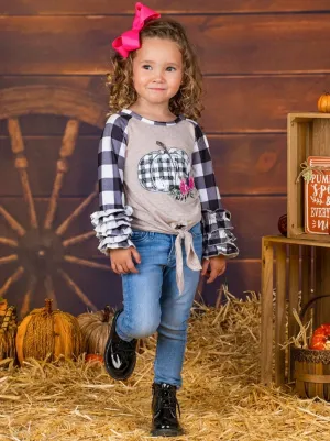 Girls Plaid Floral Pumpkin Print Long Ruffled Raglan Sleeve Knot Top