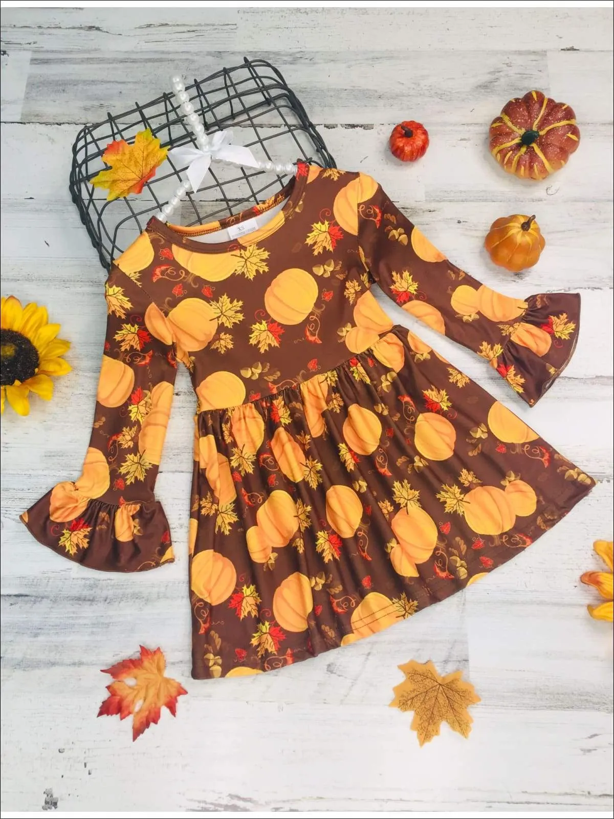 Girls Pumpkin Print Ruffled Long Sleeve Dress