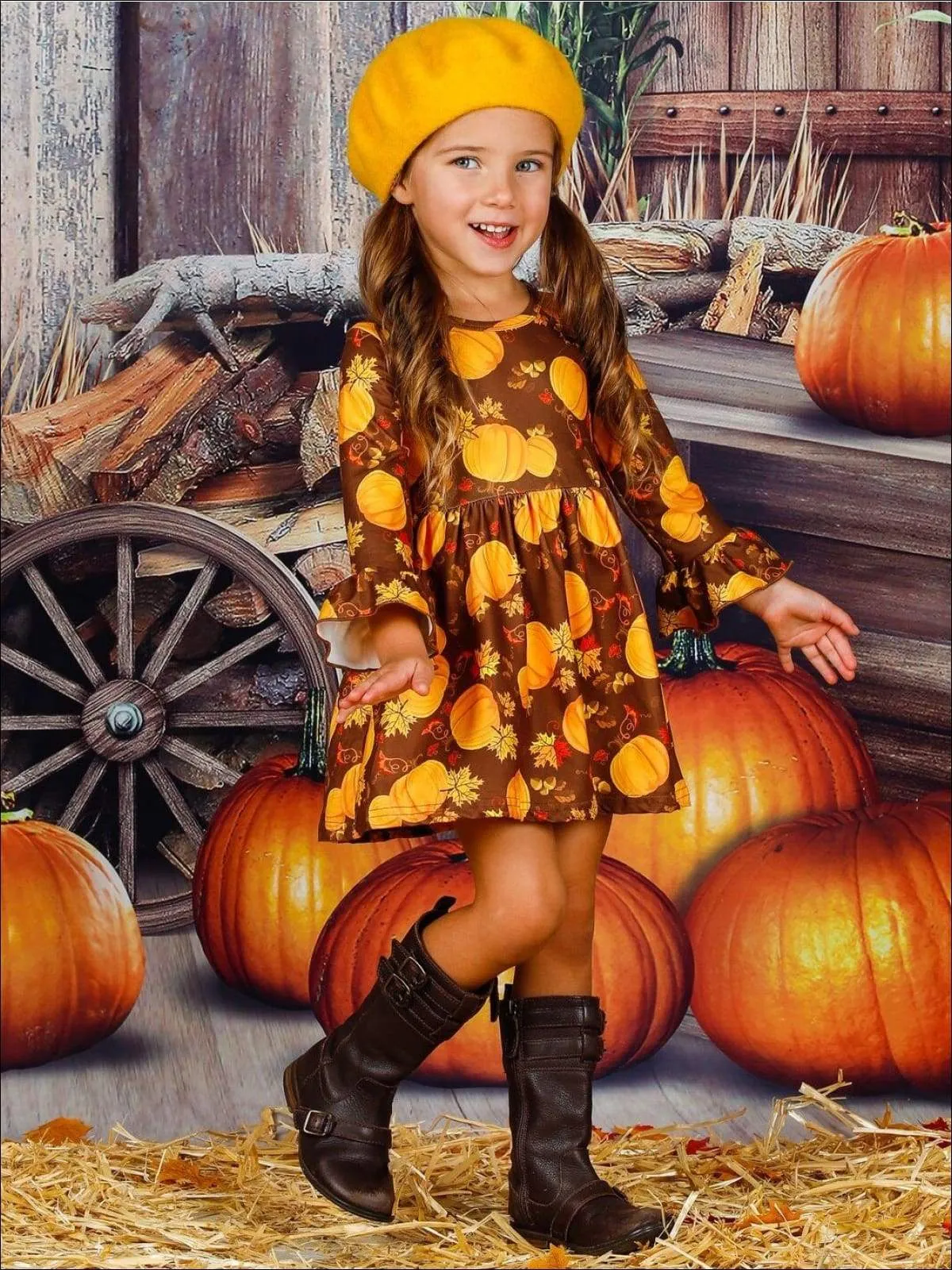 Girls Pumpkin Print Ruffled Long Sleeve Dress