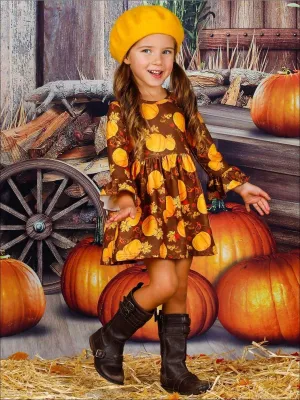Girls Pumpkin Print Ruffled Long Sleeve Dress