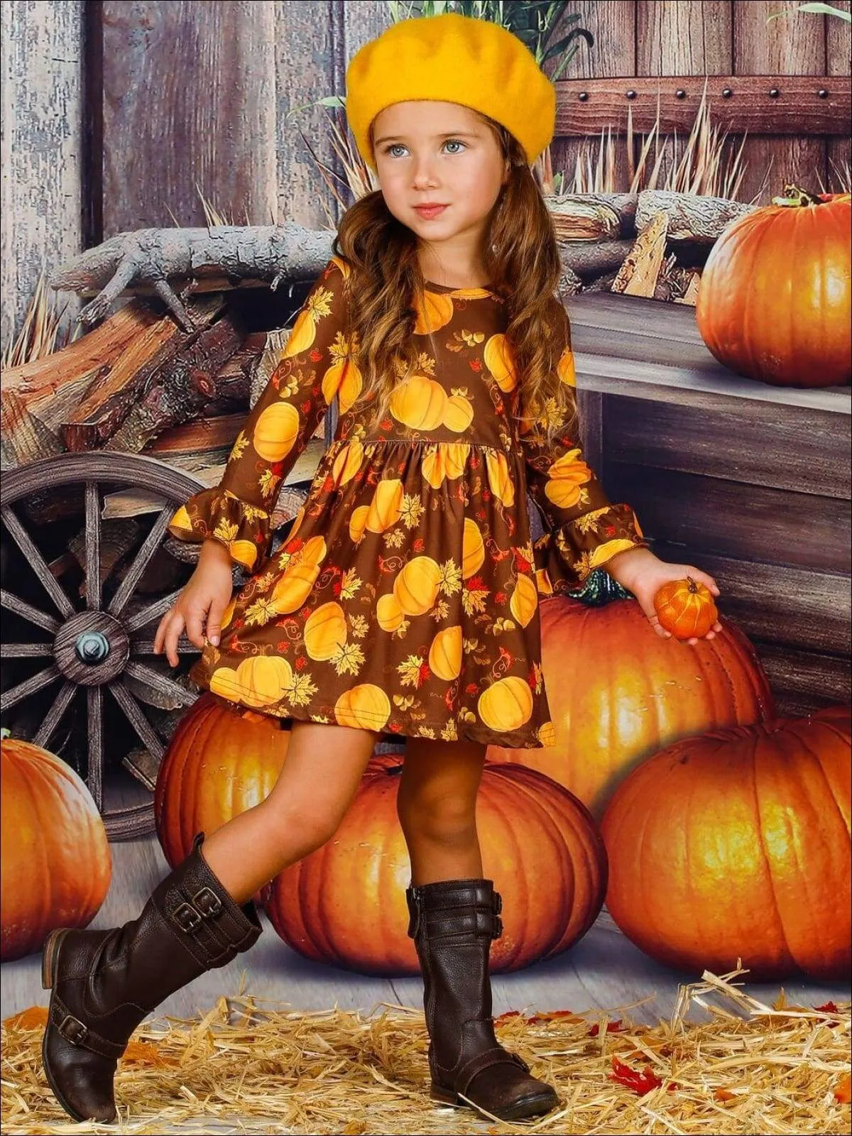 Girls Pumpkin Print Ruffled Long Sleeve Dress