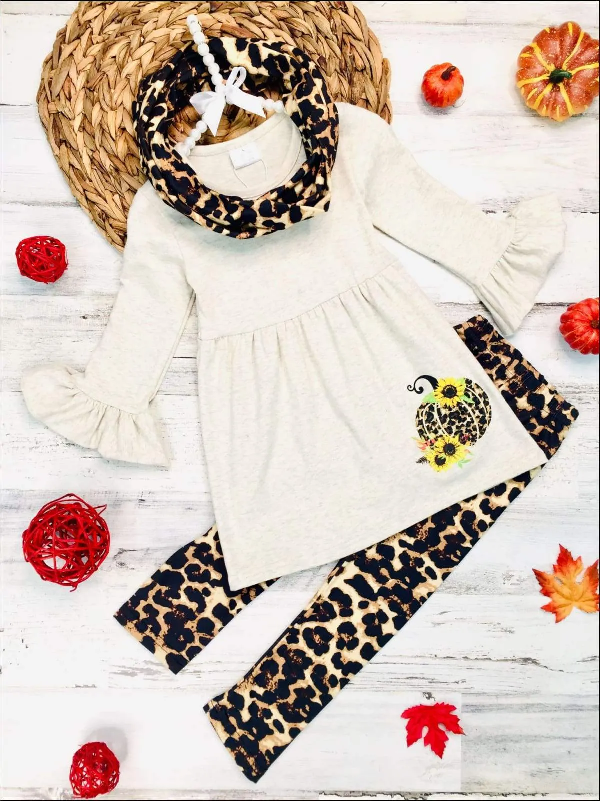 Girls Pumpkin Sunflower Print Long Ruffled Sleeve Top, Animal Print Leggings & Scarf Set
