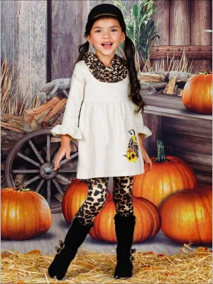 Girls Pumpkin Sunflower Print Long Ruffled Sleeve Top, Animal Print Leggings & Scarf Set
