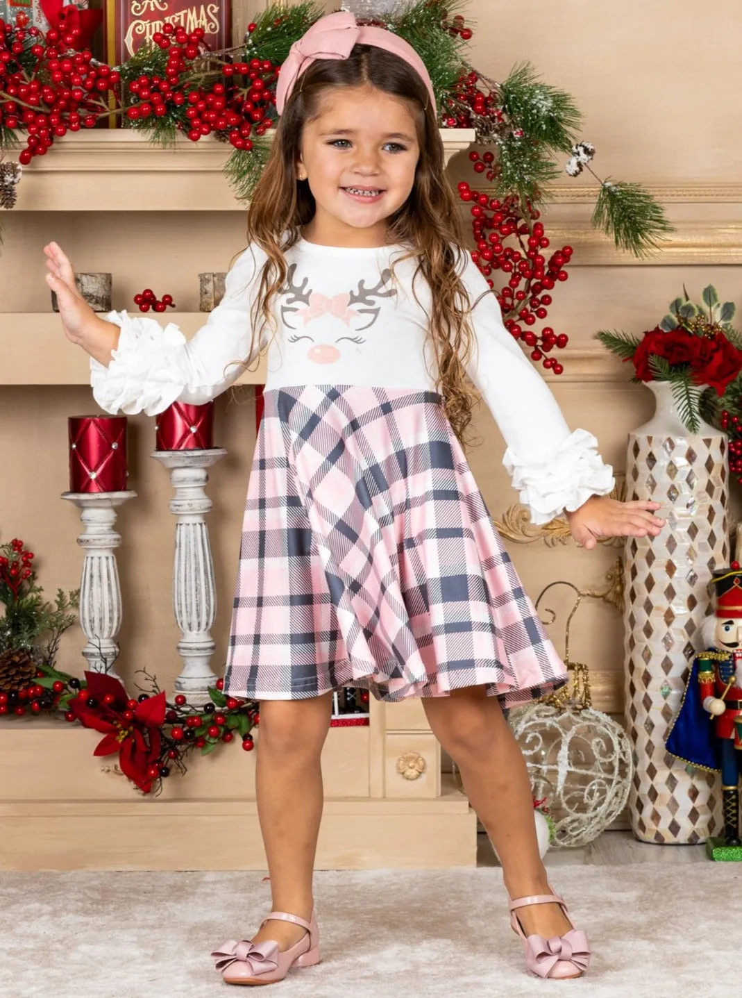 Girls Rudolph Ruffled Sleeve Plaid Dress