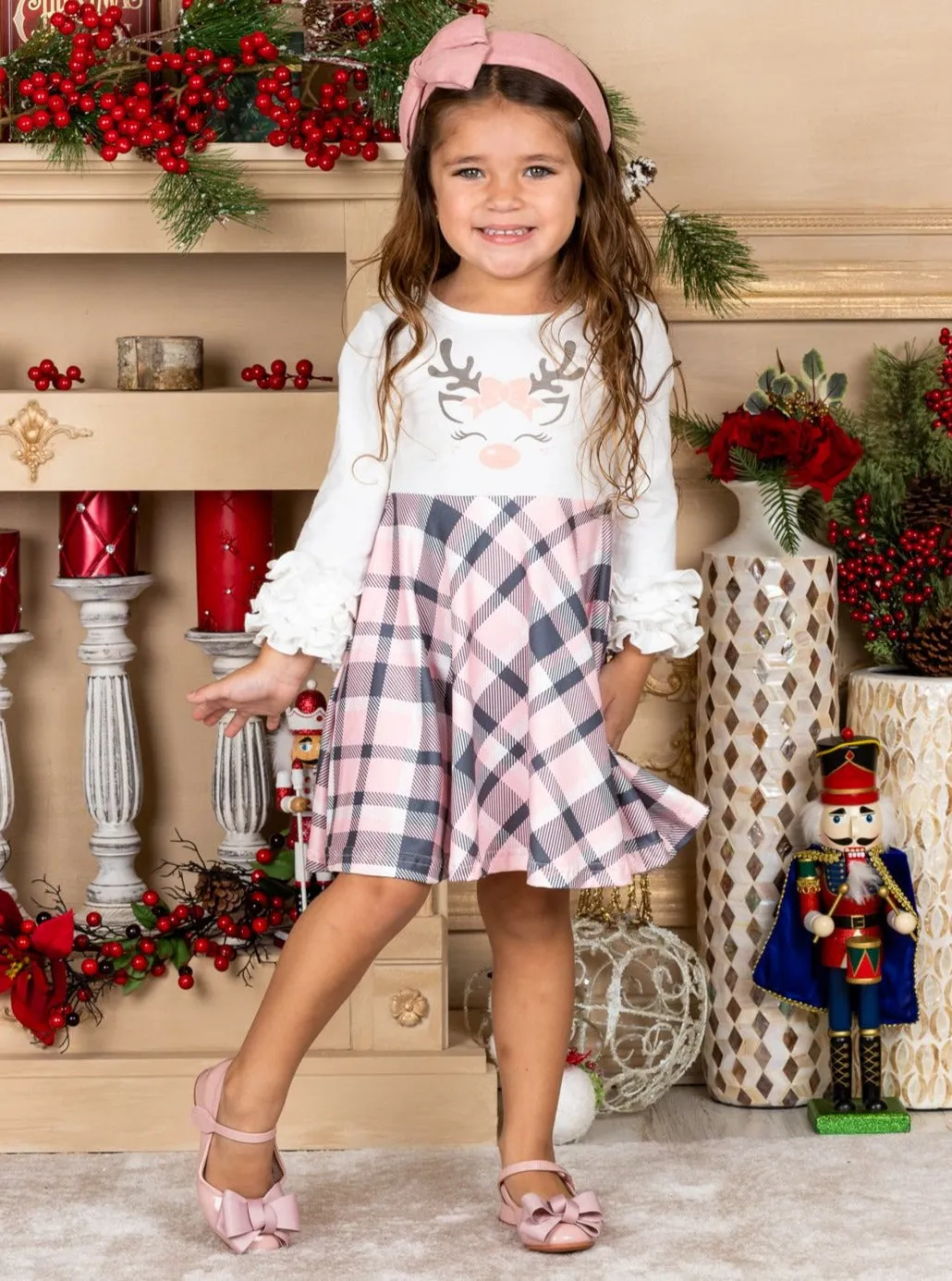 Girls Rudolph Ruffled Sleeve Plaid Dress