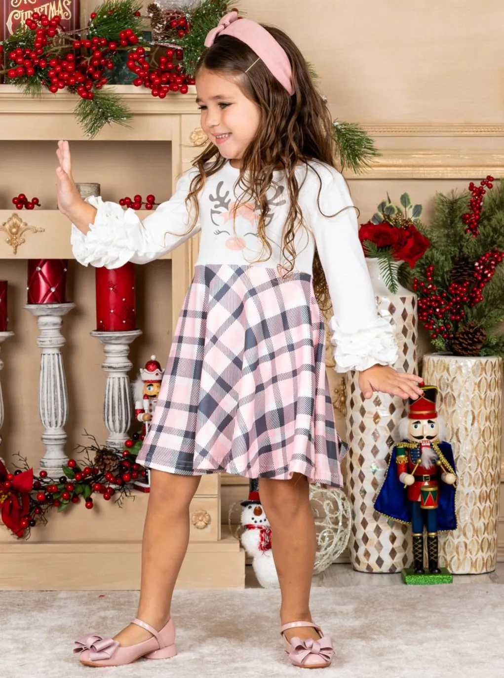 Girls Rudolph Ruffled Sleeve Plaid Dress