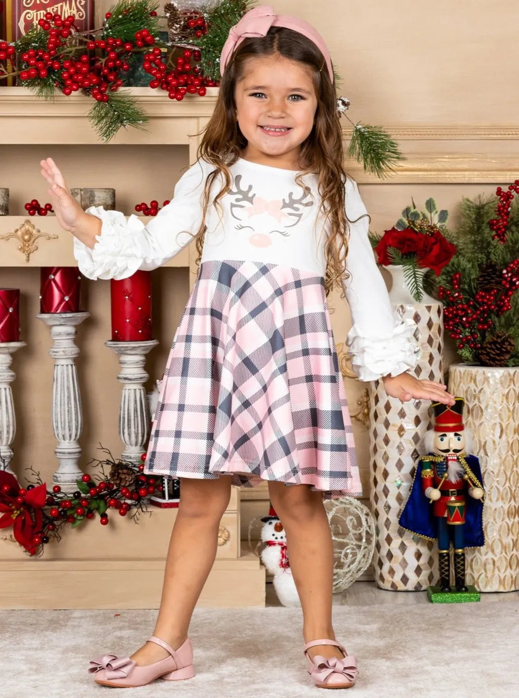 Girls Rudolph Ruffled Sleeve Plaid Dress