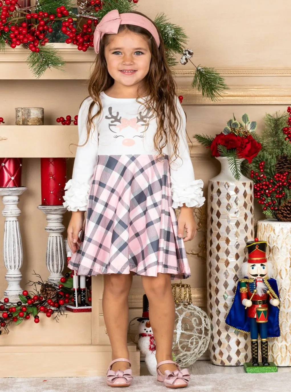 Girls Rudolph Ruffled Sleeve Plaid Dress