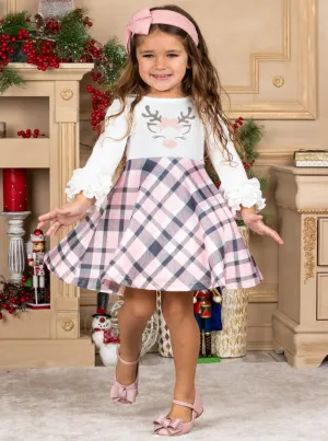Girls Rudolph Ruffled Sleeve Plaid Dress