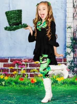 Girls St. Patrick's Day Long Sleeve Hi-Lo Ruffled Tunic, Clover Print Leggings & Scarf Set