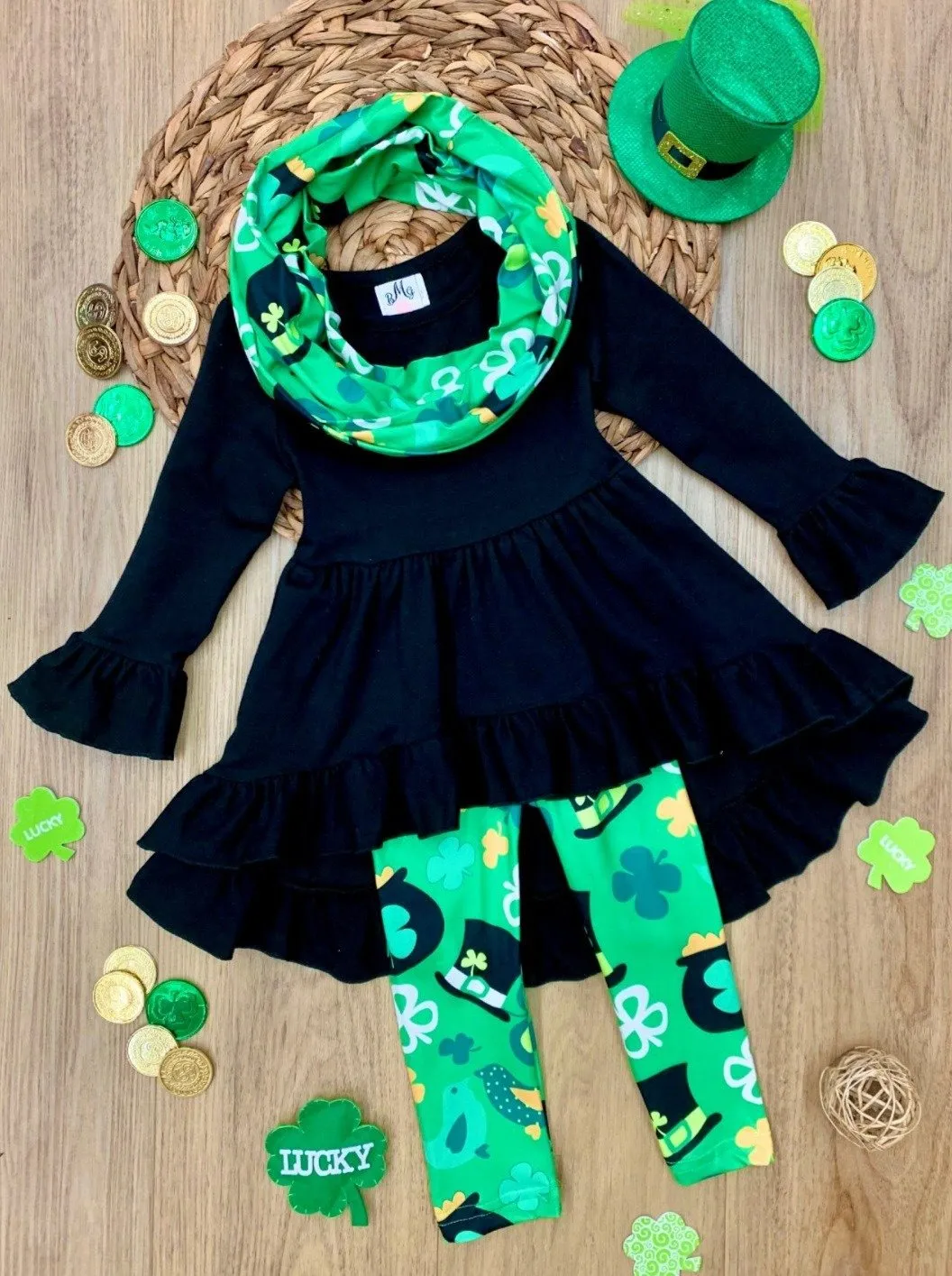Girls St. Patrick's Day Long Sleeve Hi-Lo Ruffled Tunic, Clover Print Leggings & Scarf Set