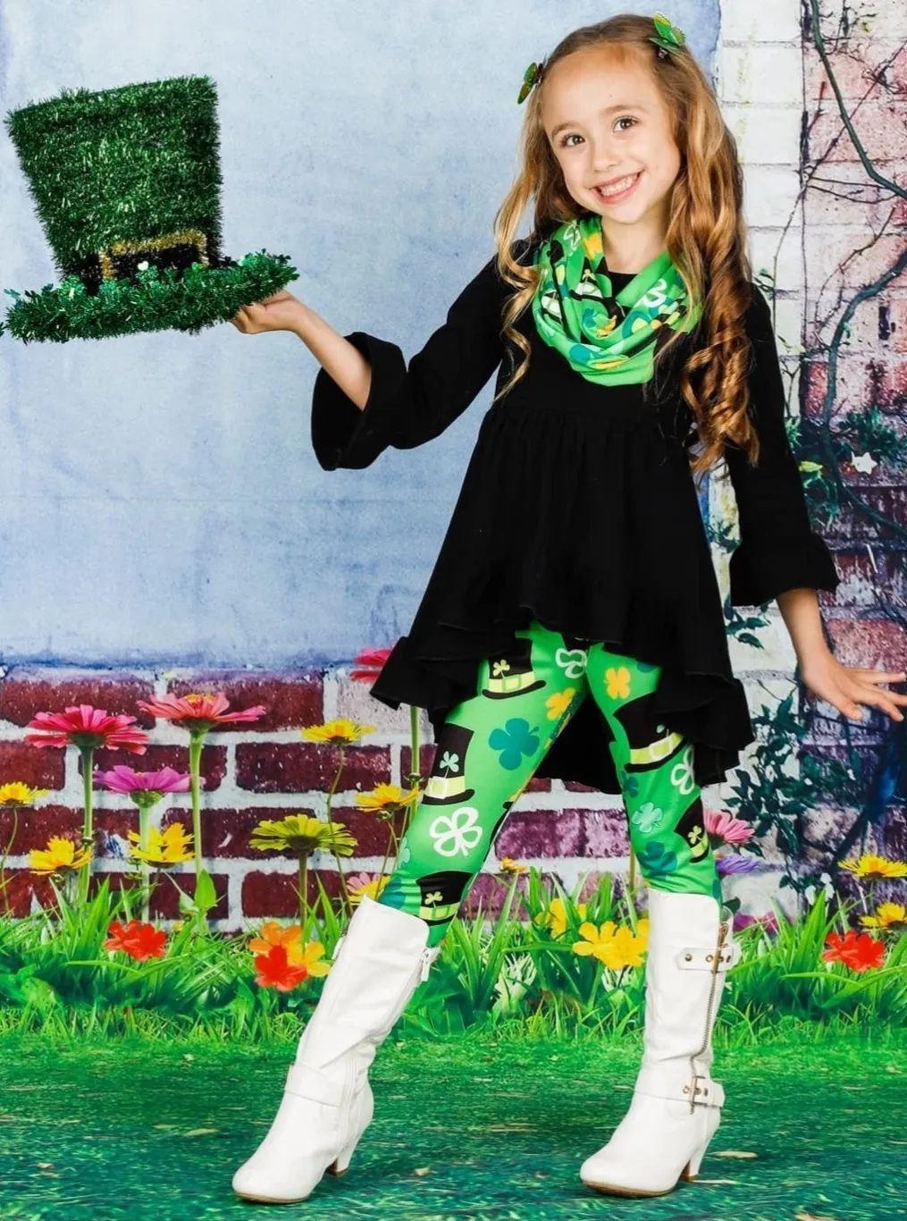 Girls St. Patrick's Day Long Sleeve Hi-Lo Ruffled Tunic, Clover Print Leggings & Scarf Set