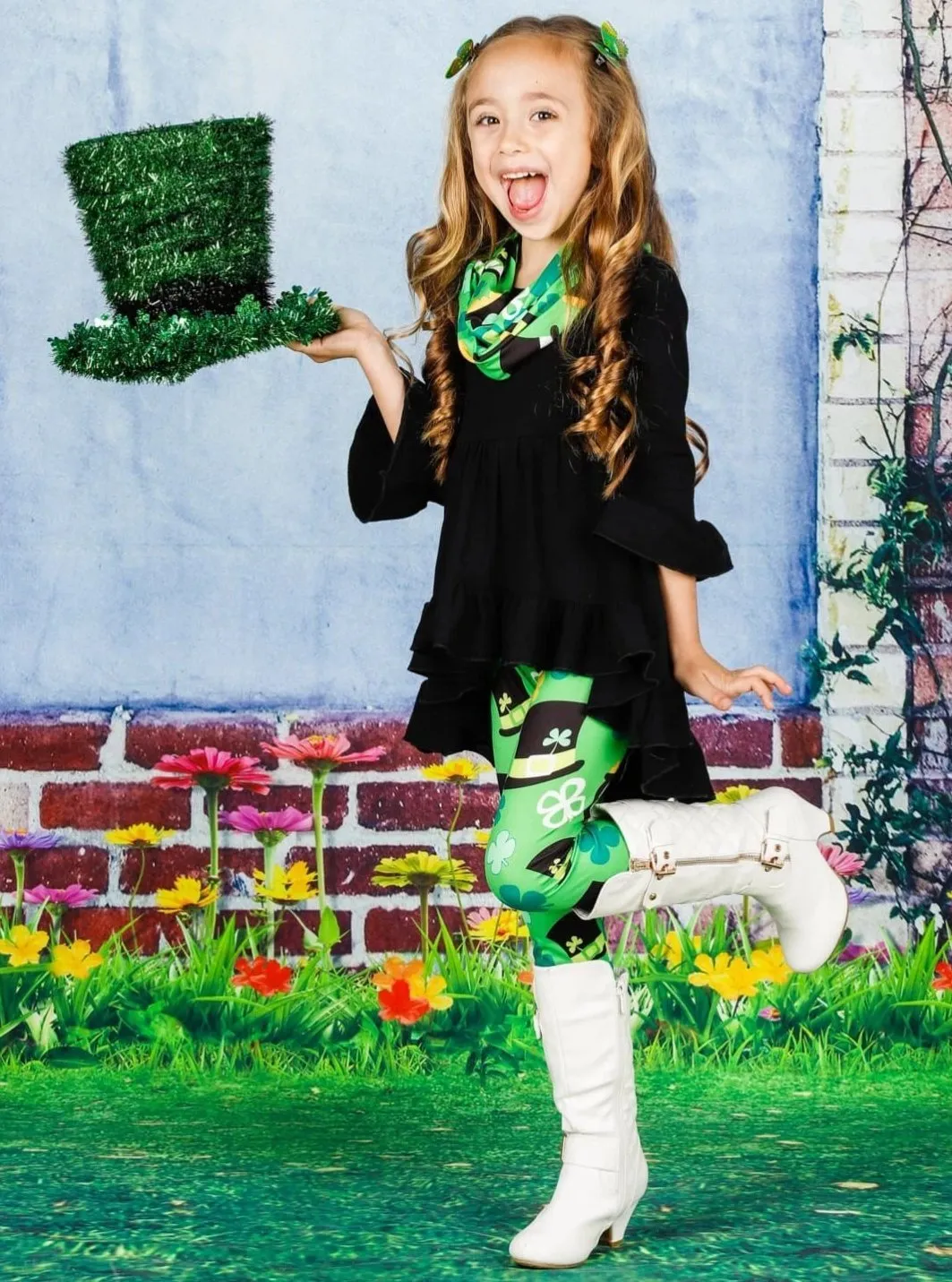 Girls St. Patrick's Day Long Sleeve Hi-Lo Ruffled Tunic, Clover Print Leggings & Scarf Set