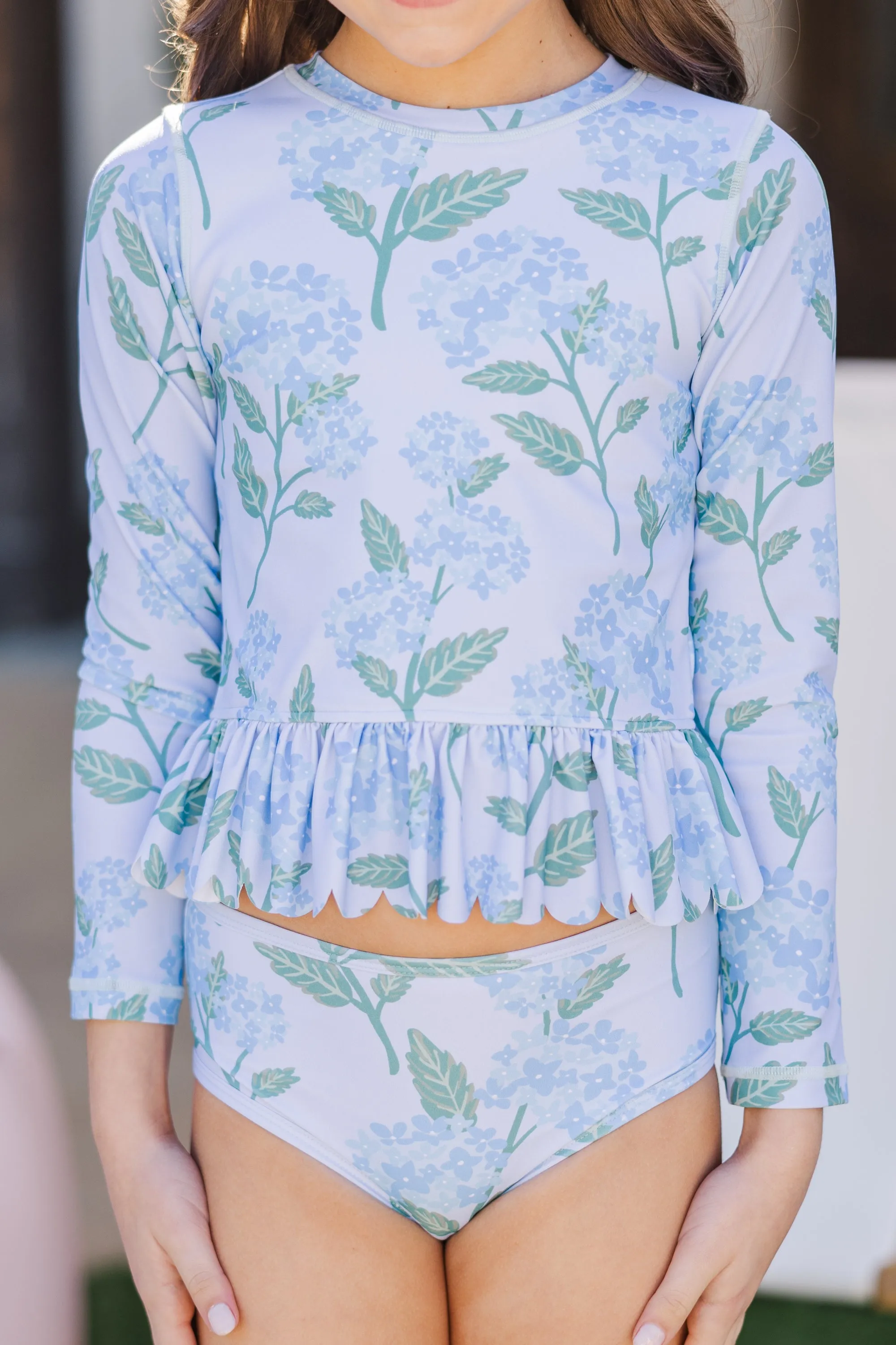 Girls: The Sarah Lynne Light Blue Floral Rashguard Two Piece Swim Suit
